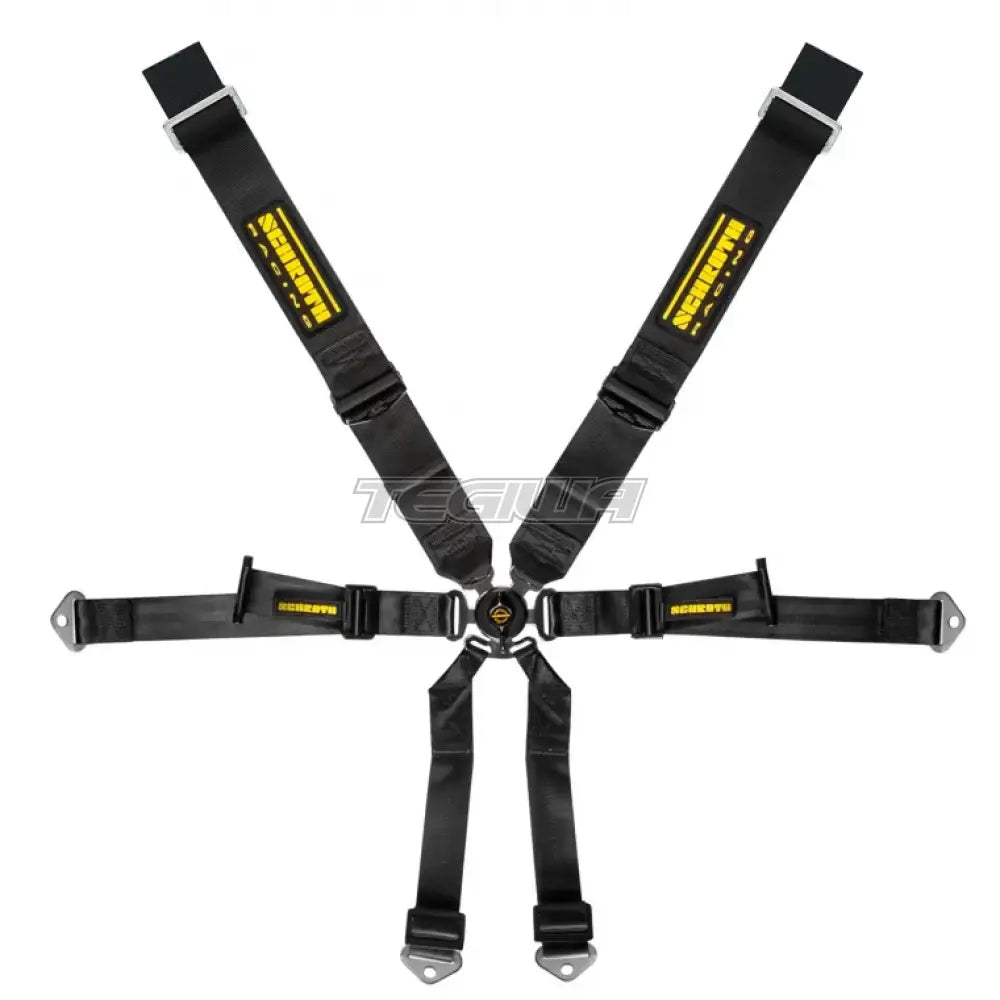 Black Schroth 6-point 3x2 OEM Porsche 991 harness for racing or safety, featuring durable straps and secure buckle.
