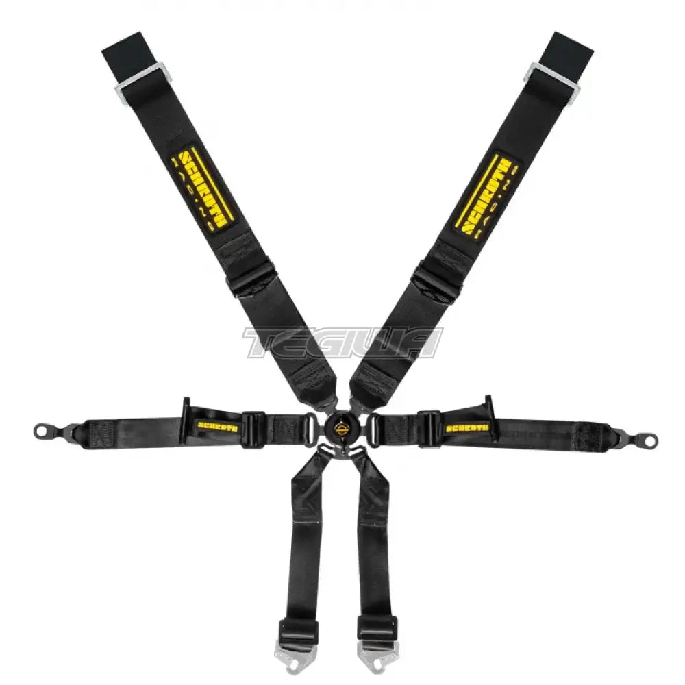 Black Schroth 6-point 3x2 OEM Porsche 996/997 Profi harness with shoulder and lap straps, designed for racing and safety.