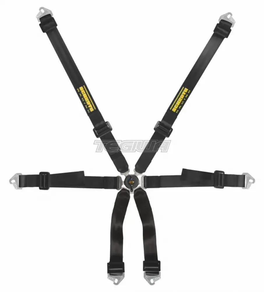 Black Schroth FHR 6 Point 2x2 Clubman harness with secure straps and quick-release buckle, designed for racing safety.