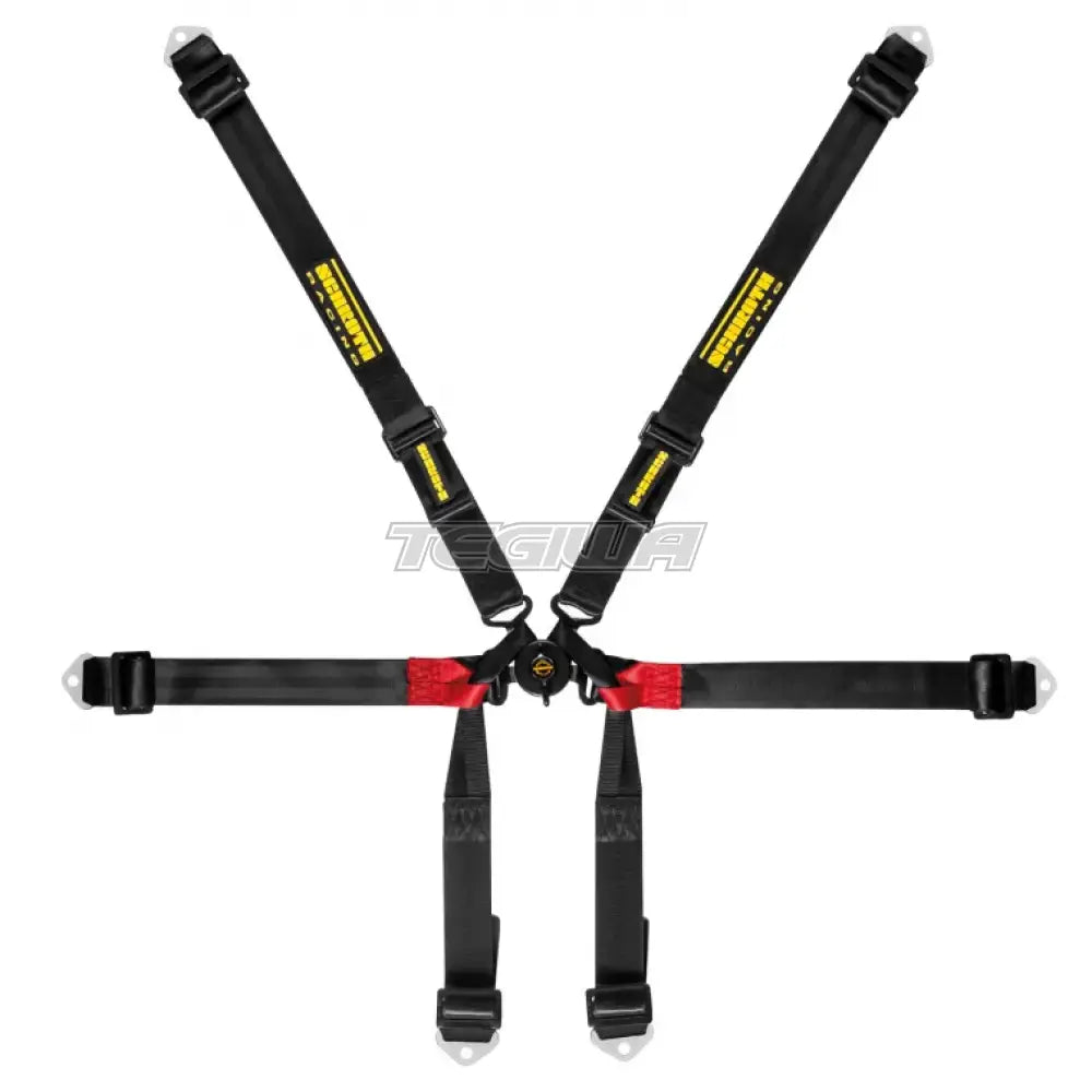 Black Schroth FHR 6 Point 2x2 Formula Harness shown with adjustable straps and secure buckle for racing safety accessories.