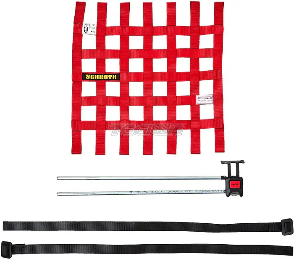 Large red Schroth window net with hardware included, featuring miscellaneous parts and trim for automotive safety accessories.