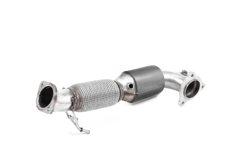 Milltek Sport downpipe and hi-flow OJ sports cat for BMW M3 G80 and M4 G82 (2020+), showing the stainless steel exhaust components.