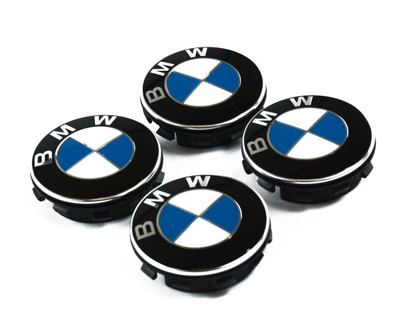 Genuine BMW floating wheel centre hub caps for F20, F87, F30 models, featuring the BMW logo and sleek design.