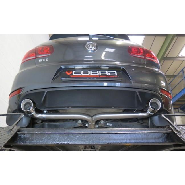 Cobra Sport VW Golf GTI MK6 2.0 TSI Venom Box Delete Race Turbo Back Performance Exhaust installed on a car.