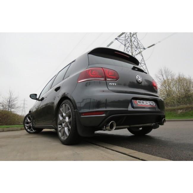 Cobra Sport VW Golf GTI MK6 2.0 TSI turbo back exhaust system installed, showcasing the performance exhaust with polished tips