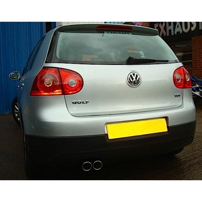 Cobra Sport VW Golf MK5 2.0 TDI cat back performance exhaust installed on a black Golf MK5, showing the polished exhaust tips.