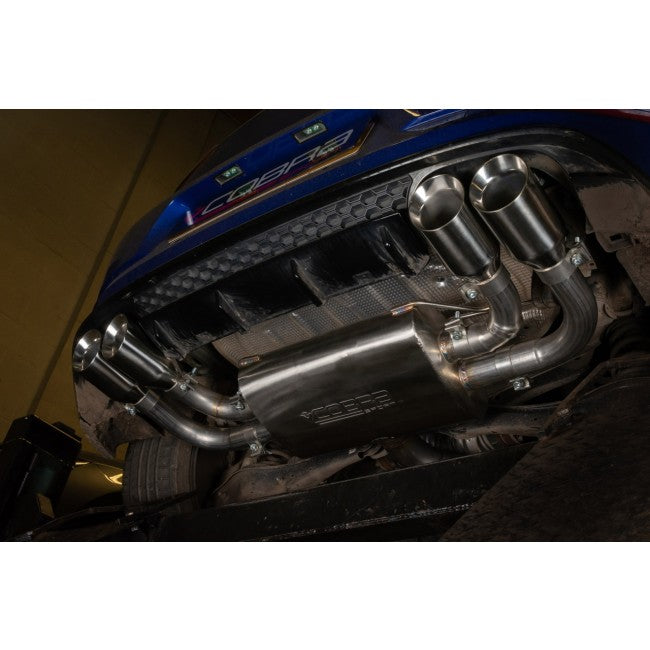 Cobra Sport VW Golf R Mk7.5 2.0 TSI cat back performance exhaust system installed on a car, showcasing the polished exhaust tips.