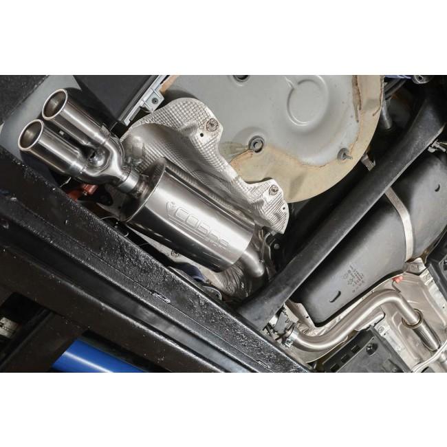 Cobra Sport VW Polo GTI 1.8 TSI 2015-2017 cat back performance exhaust system showing polished metal pipes and exhaust tips