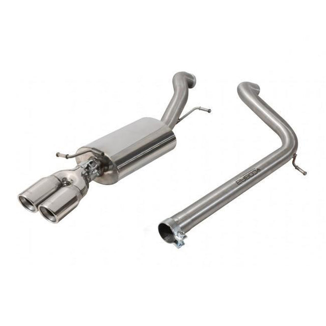 Cobra Sport VW Polo BlueGT 1.4 TSI cat back performance exhaust installed, showing the polished stainless steel piping and muffler.