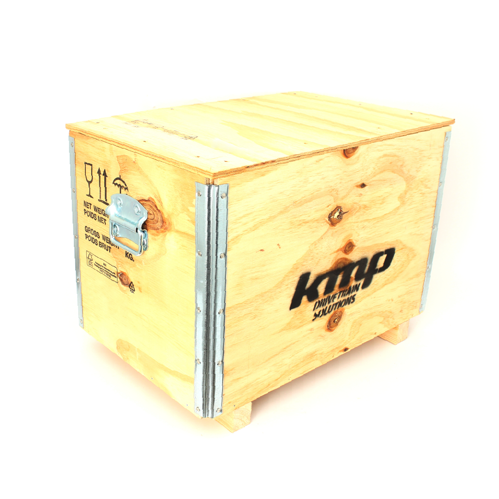 KMP BMW F8X Drexler Differential in wooden storage box, showcasing high-performance drivetrain component from KMP Drivetrain.