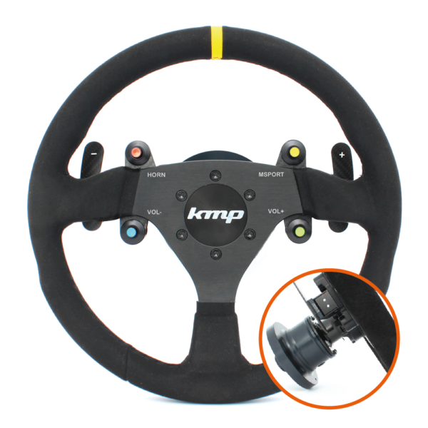 KMP Pro-Line BMW E9X M3 steering wheel with ergonomic grip and carbon fibre accents, designed for high-performance driving.