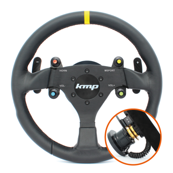 KMP Pro-Line steering wheel for BMW E9X M3, black with silver accents, showing detailed grip and mounting features.