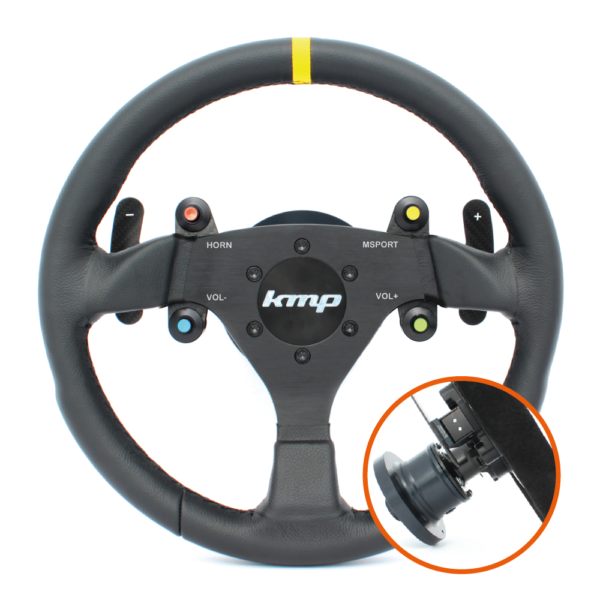 KMP Pro-Line BMW E9X M3 steering wheel with black leather and silver accents, designed for high-performance driving.
