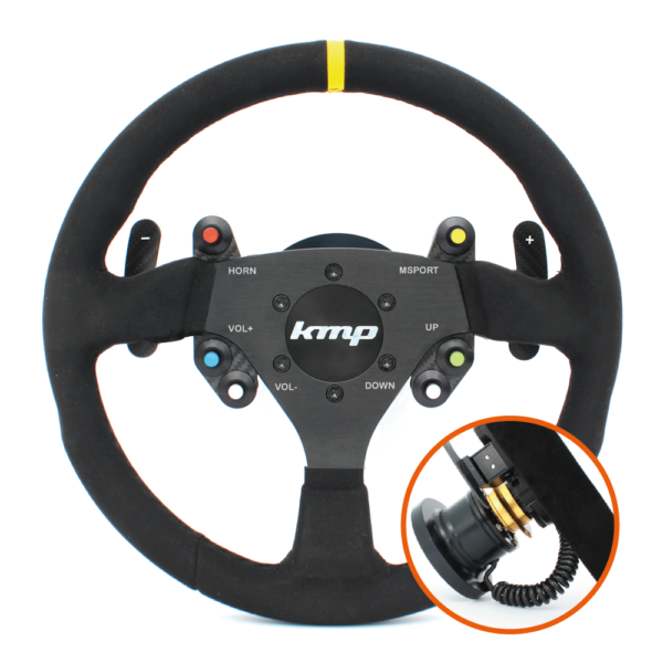 KMP Pro-Line BMW E9X M3 steering wheel in black with silver accents, featuring a sporty design and textured grip.