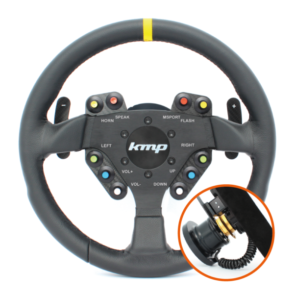 KMP Pro-Line BMW E9X M3 steering wheel with black leather grip and silver accents, mounted on a steering column.