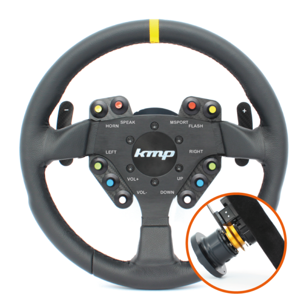 KMP Pro-Line steering wheel for BMW E9X M3, black leather with silver accents, ergonomic design for high-performance driving.