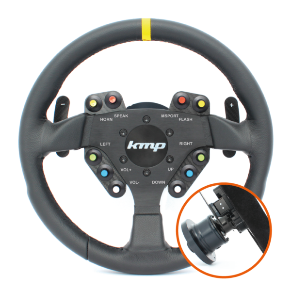 KMP Pro-Line steering wheel for BMW E9X M3, black racing-style steering wheel with textured grip and brand logo.