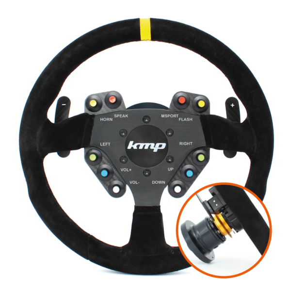 KMP Pro-Line steering wheel for BMW E9X M3, black leather with silver accents, designed for high-performance driving.
