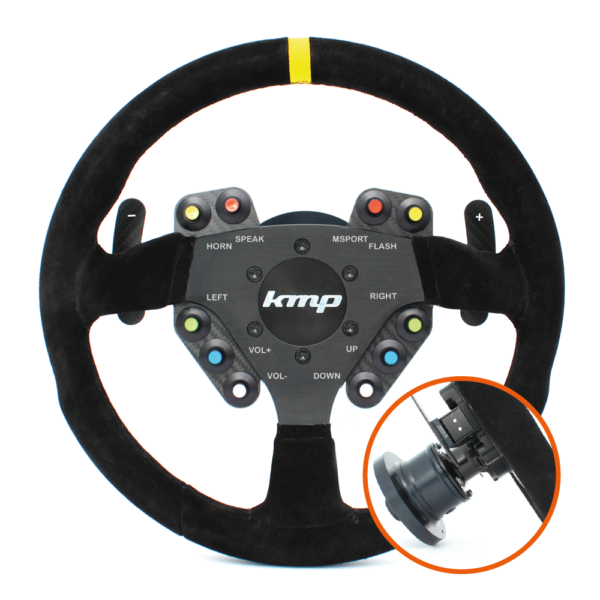 KMP Pro-Line BMW E9X M3 steering wheel with black leather grip and silver accents, showcasing sporty design and ergonomic features.