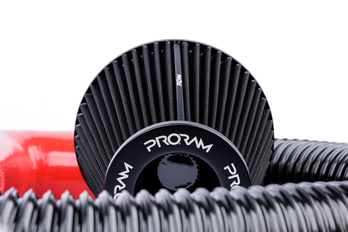 Ramair ProRam induction kit with red hoses for VW MK5 R32, high-performance air intake system, close-up of red hoses and filter.