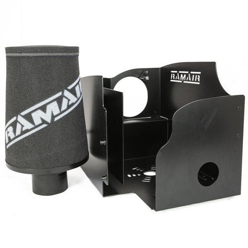 Ramair performance foam air filter and heat shield induction kit installed in Mini Cooper S 1.6 R53, showing the filter and heat shield components.
