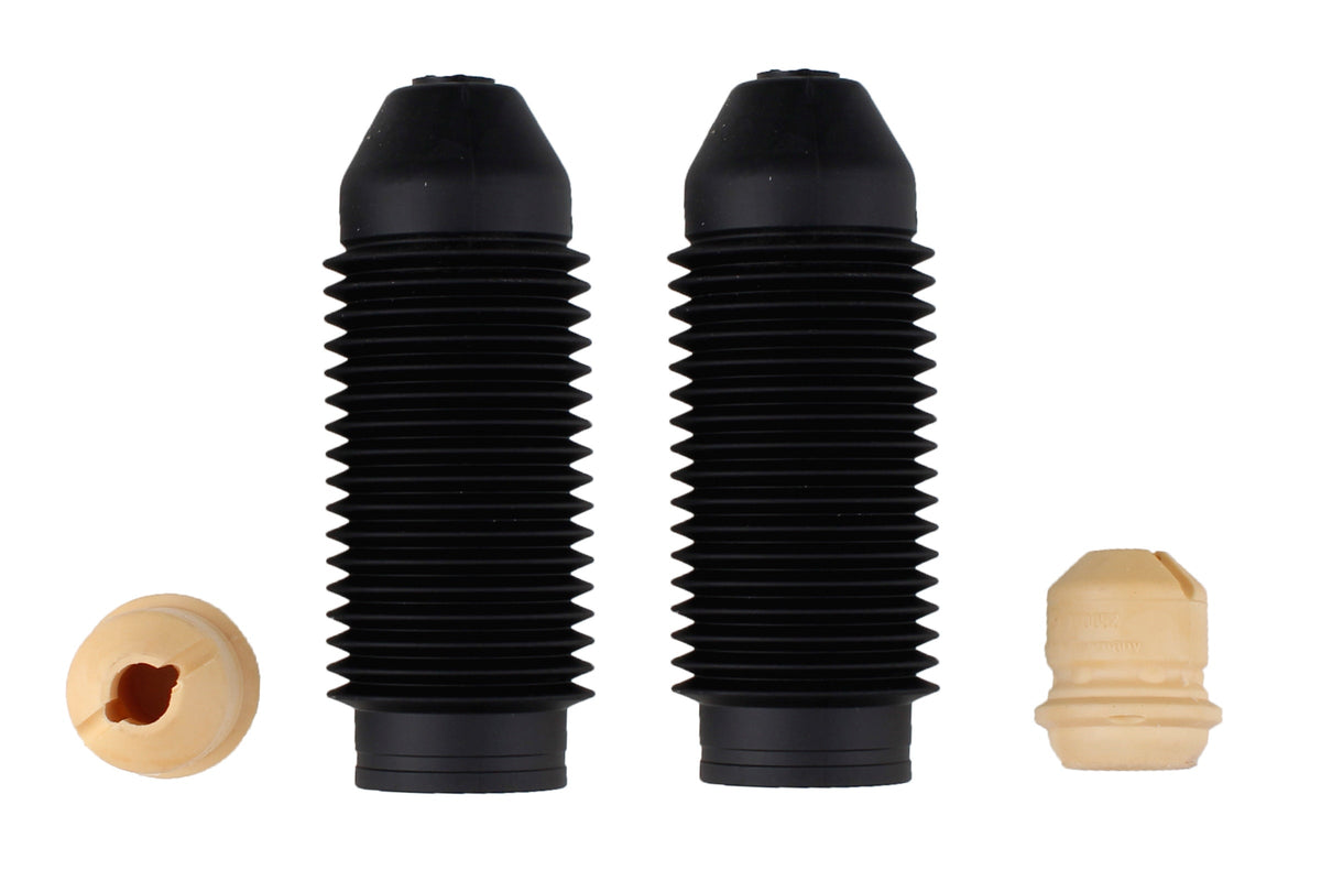 Bilstein B1 front bump stops and dust covers for Volkswagen Golf IV and Bora, showing rubber components and protective covers.