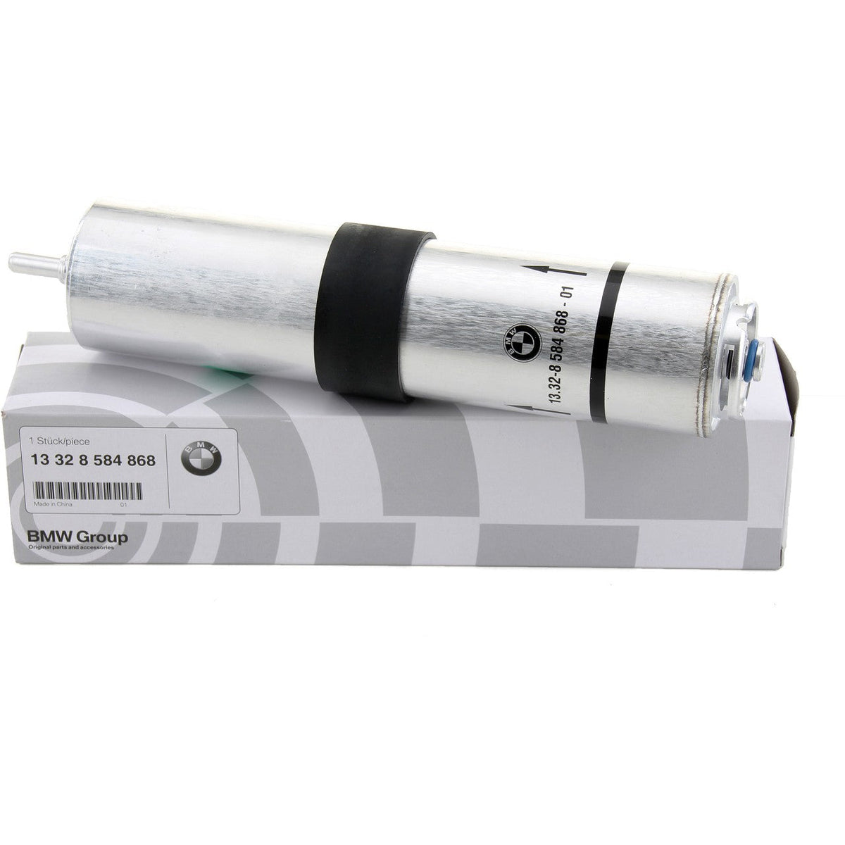 Genuine BMW fuel filter B37 B47 model 13328584868, automotive part for clean fuel delivery, shown in a detailed close-up image.