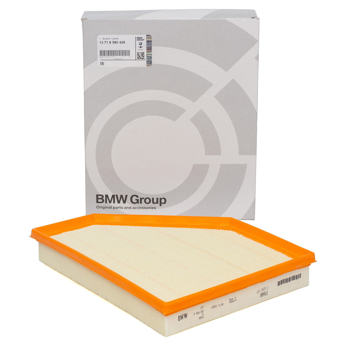 Genuine BMW engine air filter 13718580428 with BMW packaging.