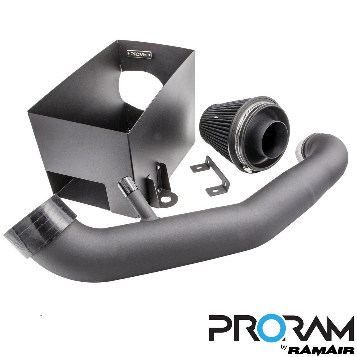 Ramair RHD PRORAM air filter induction intake kit installed in an Audi RS3 8V 2.5 TFSI engine bay with visible filter and intake components.