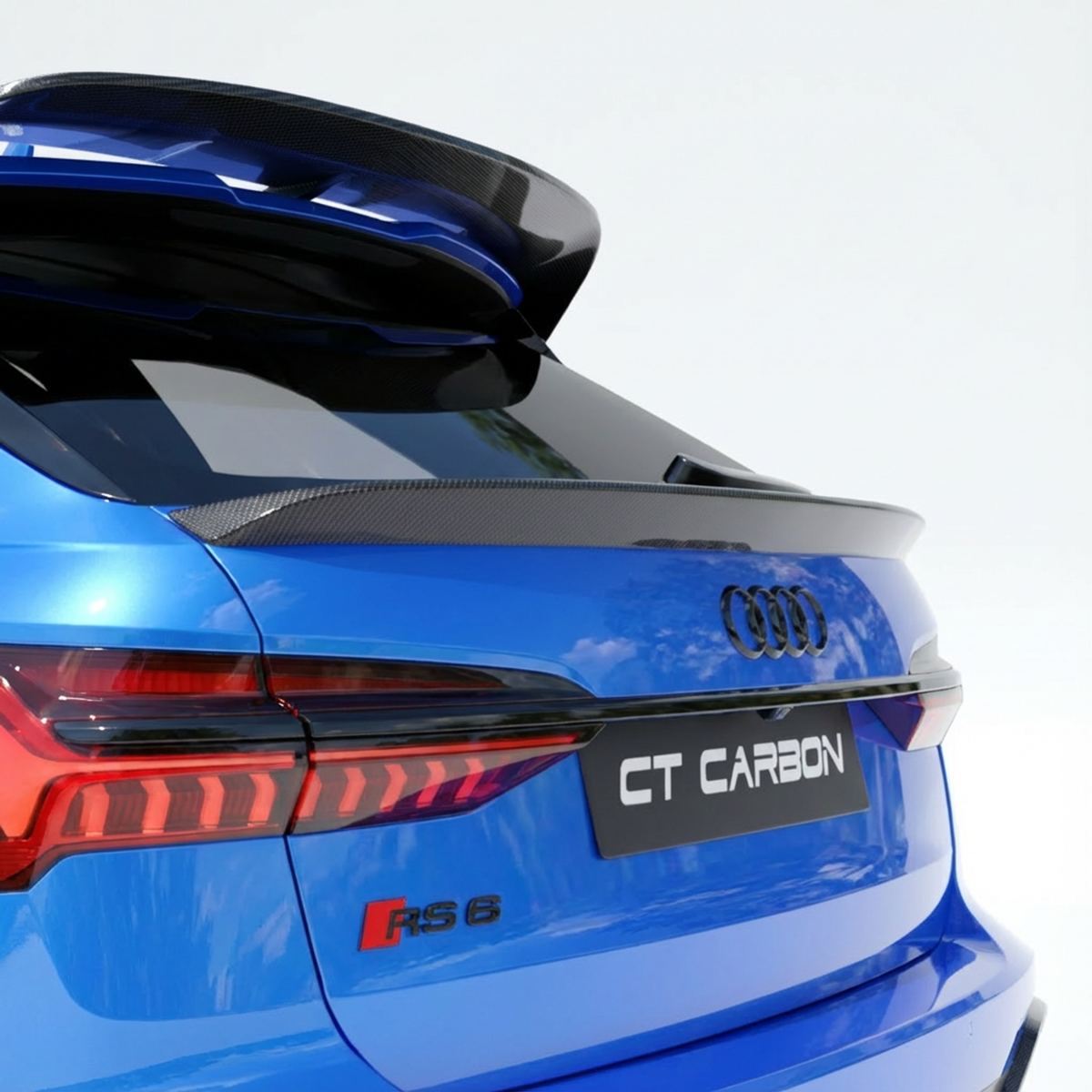 Audi RS6 C8 Avant carbon fiber middle spoiler by CT Carbon, shown installed on the vehicle's rear, enhancing sporty appearance.