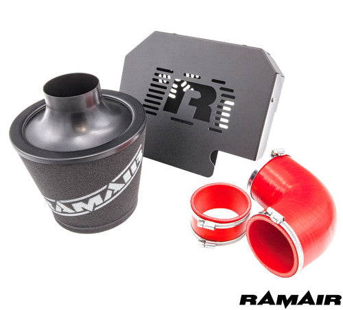 Ramair Ford Focus ST 225 red performance induction kit with ECU holder, featuring air intake components and branding.