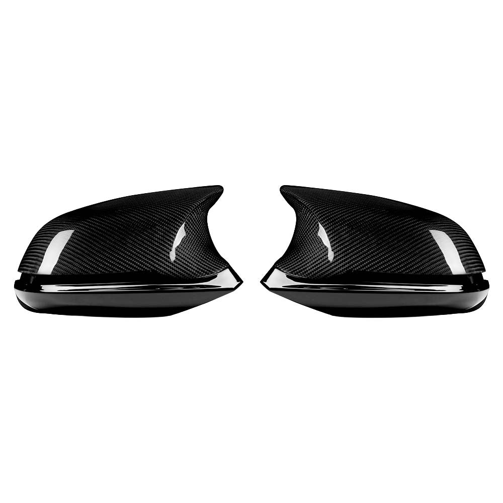 BMW F30 3 Series 2011-2018 dry carbon fiber mirror covers by CT Carbon, showing sleek, textured mirror cap details.