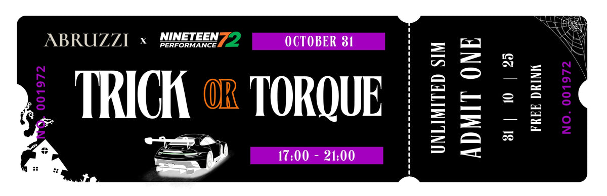 Nineteen72 Performance Trick or Torque event ticket, featuring vibrant design and event details for the October 31, 2025 show.