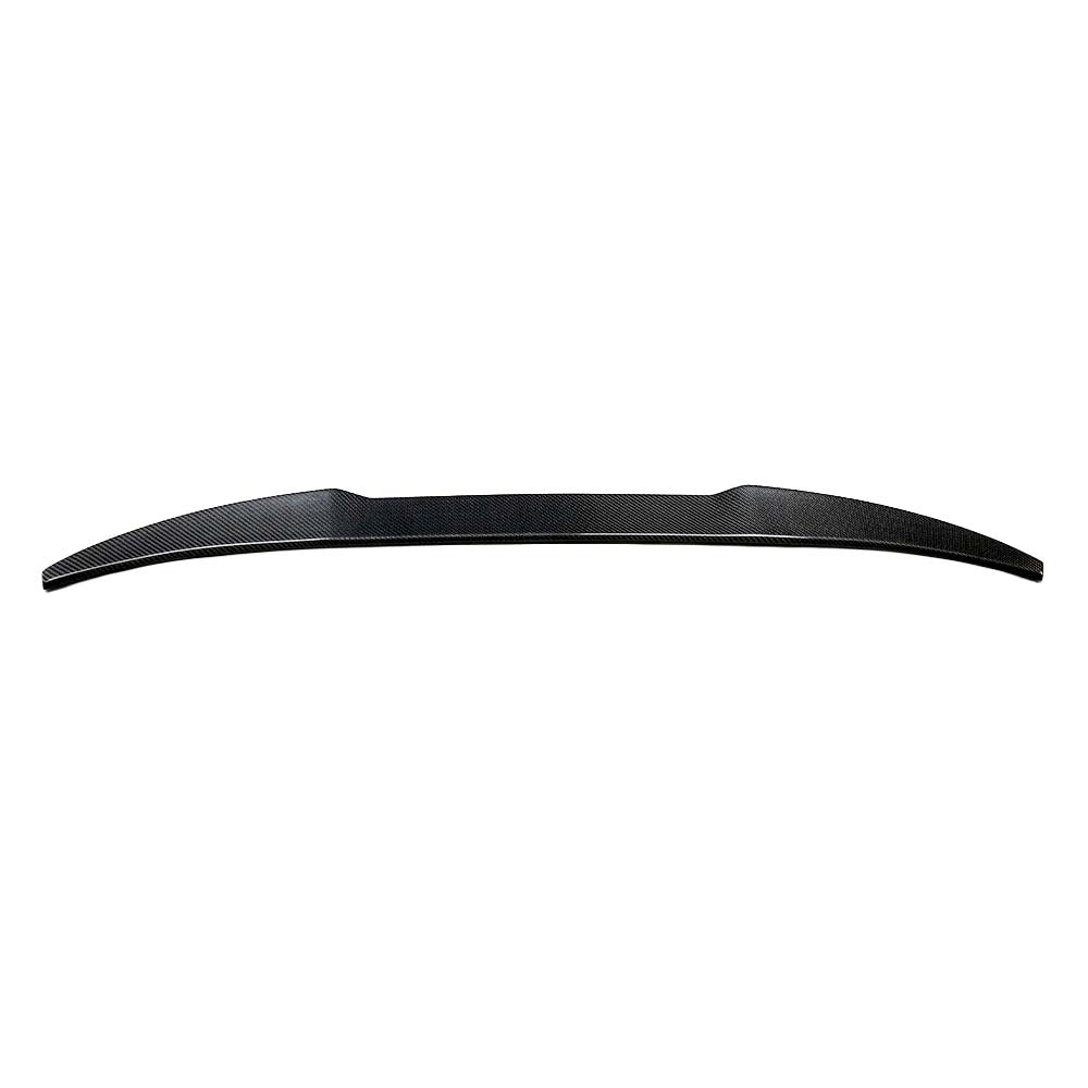 BMW F98 X4M carbon fibre spoiler by CT Carbon, showing sleek aerodynamic design on a black sports car.