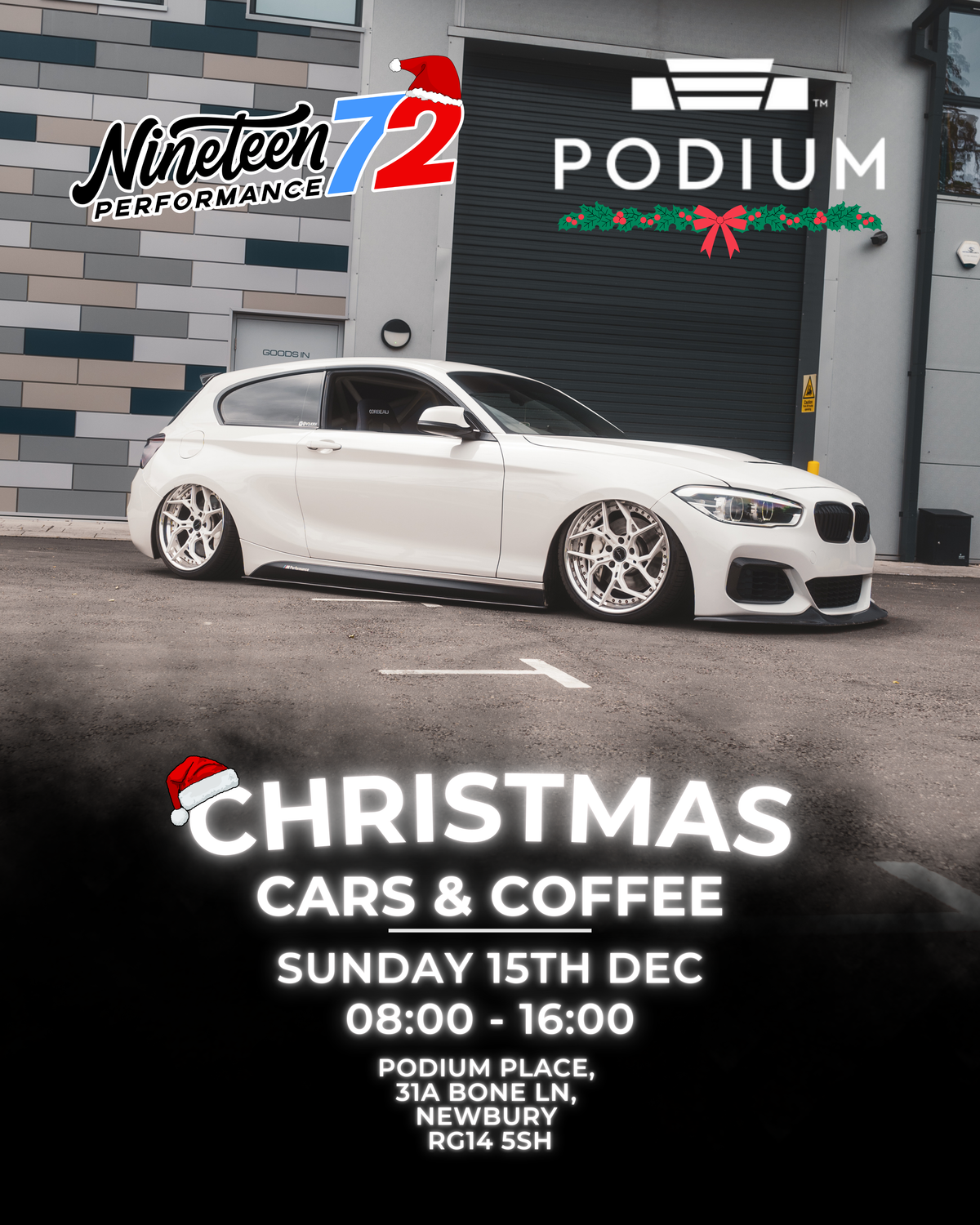 Nineteen72 Performance Cars & Coffee ticket for Podium Place event on December 15, 2024, featuring a sleek design and event details.