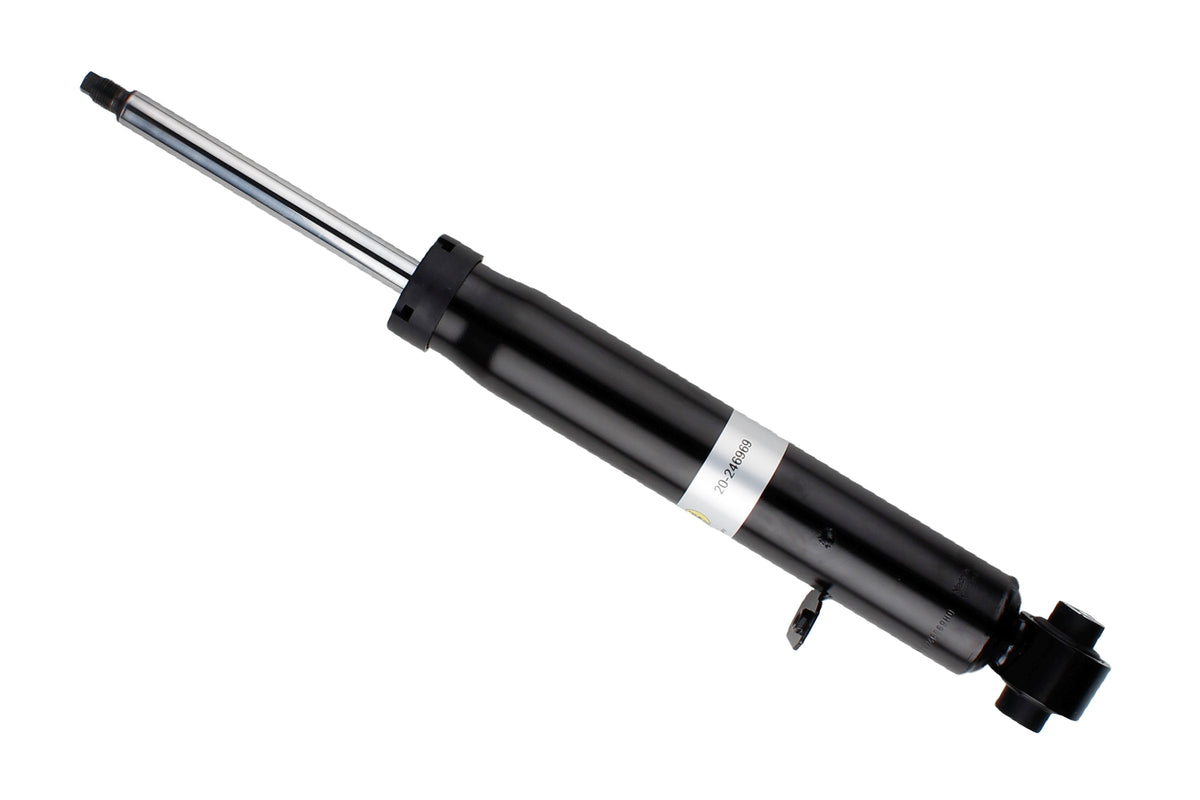 Bilstein B4 Damptronic rear shock absorber for BMW M3 F80 and M4 F82/F83 models, showcasing the shock's metal body and mounting points.