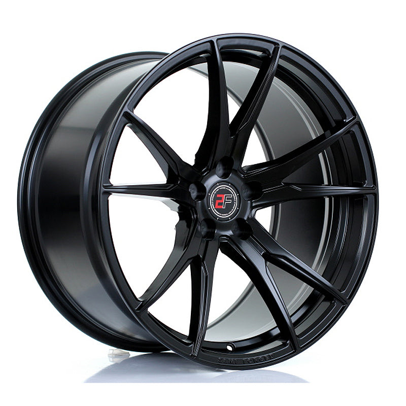 Matte black 2Forge ZF2 semi-forged wheels shown from an angled view, designed for automotive use with a sleek, modern appearance.