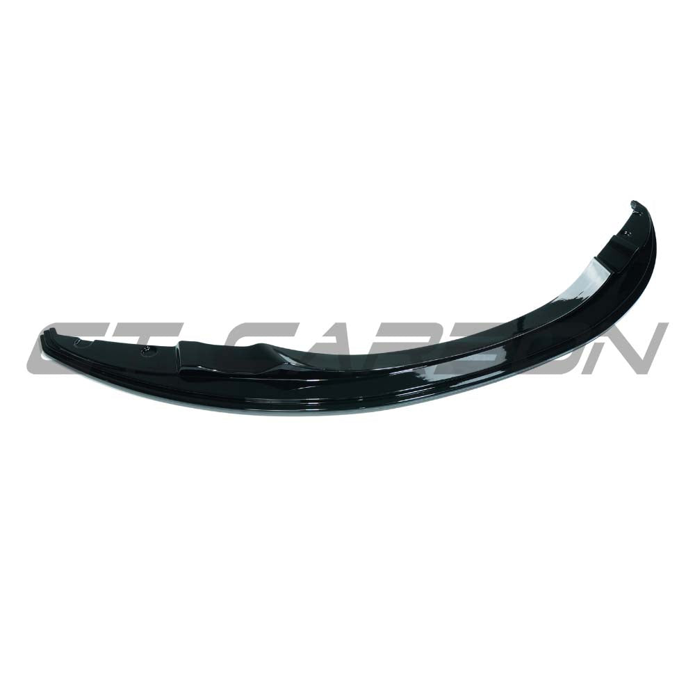 Gloss black BMW M3 E90/E92 splitter by CT Carbon, shown in close-up, highlighting the aerodynamic design and glossy finish.