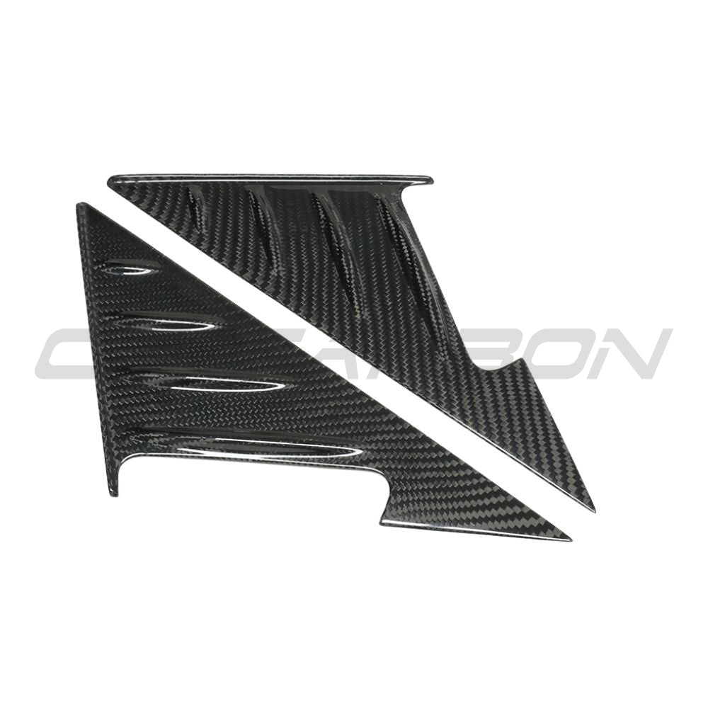 BMW M3 and 3 Series G80/G81/G20/G21 carbon fibre mirror pillar trim by CT Carbon, showing the sleek textured finish.