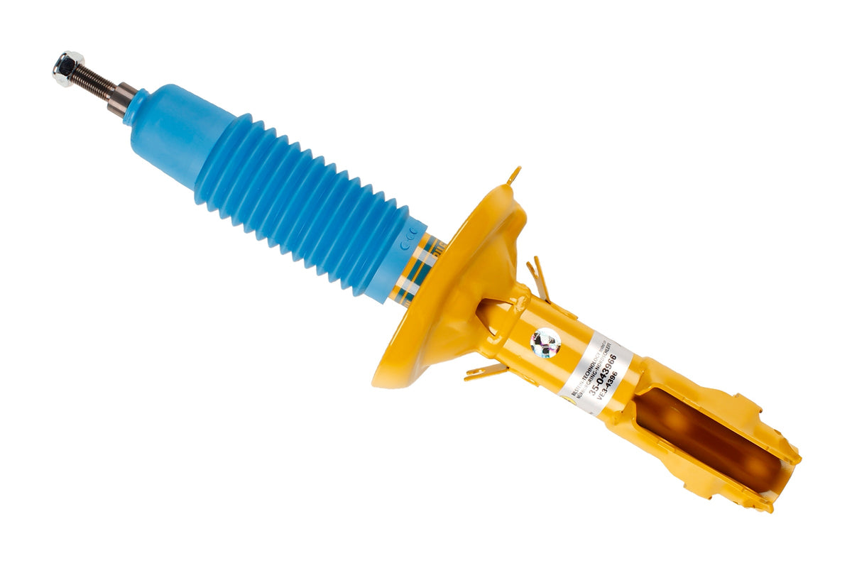 Bilstein B8 Shock Absorber for Volkswagen B8 Performance Plus front suspension, black metal with mounting components visible.