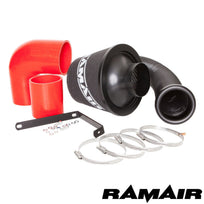 Ramair VW Golf Mk5 R32 3.2 V6 induction kit with red performance cone air filter and intake system installed in engine bay.