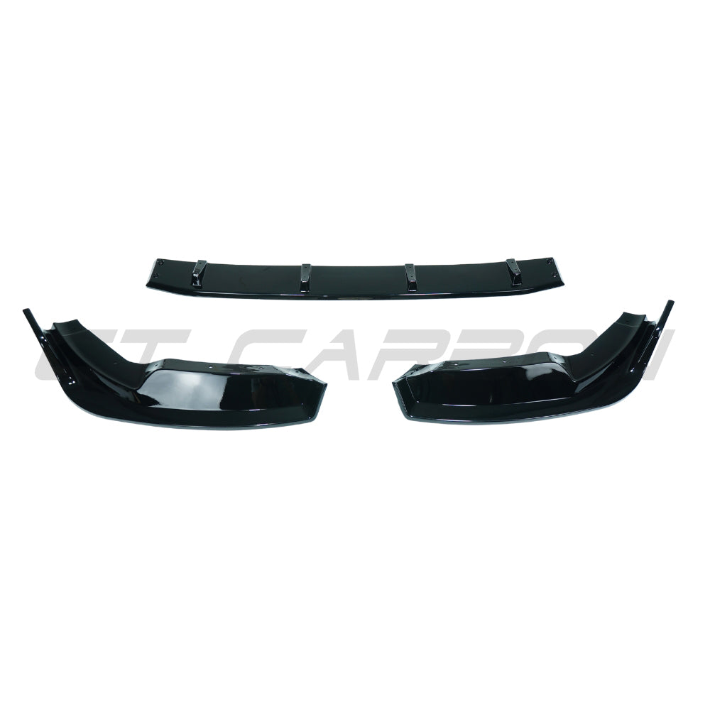 BMW X3M/X4M F97/F98 2017-2021 GLOSS BLACK SPLITTER V2 by CT Carbon, close-up of sleek, glossy black car splitter.