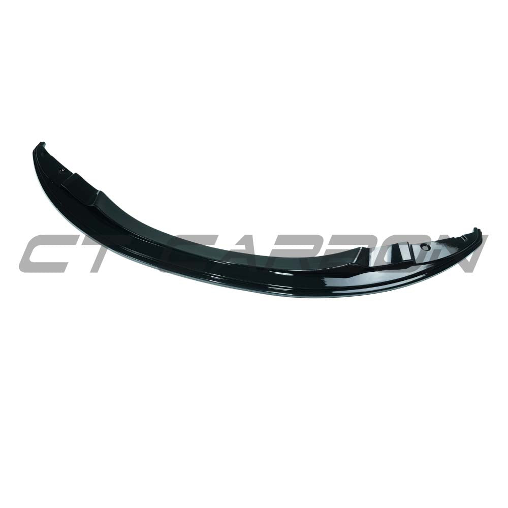 BMW M3 E90/E92 2007-2013 CT Carbon gloss black splitter mounted on front bumper, showcasing aerodynamic design and sleek finish.
