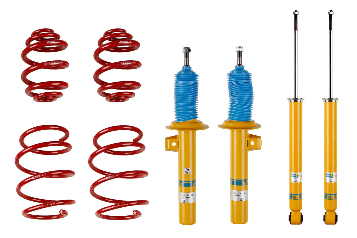 Bilstein B12 coilover suspension kit for BMW 3 Series Compact E46, featuring adjustable shocks and coil springs.
