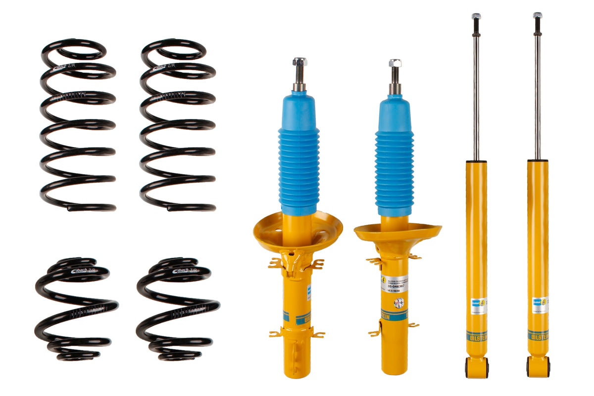 Bilstein B12 suspension kit for Volkswagen Bora (1J6) showing shock absorbers and coil springs installed on vehicle.