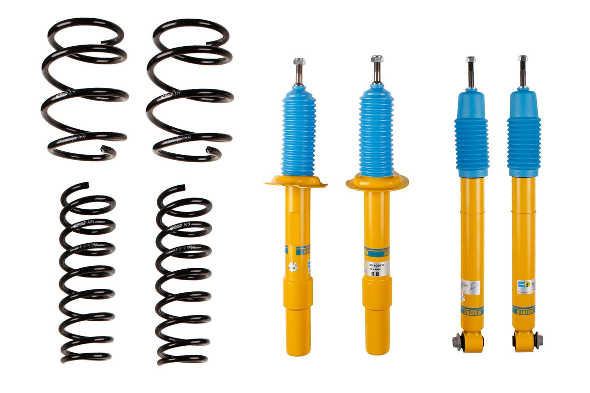 Bilstein B12 coilover suspension kit for BMW 5 Series E60, showing adjustable shock absorbers and coil springs in the kit.