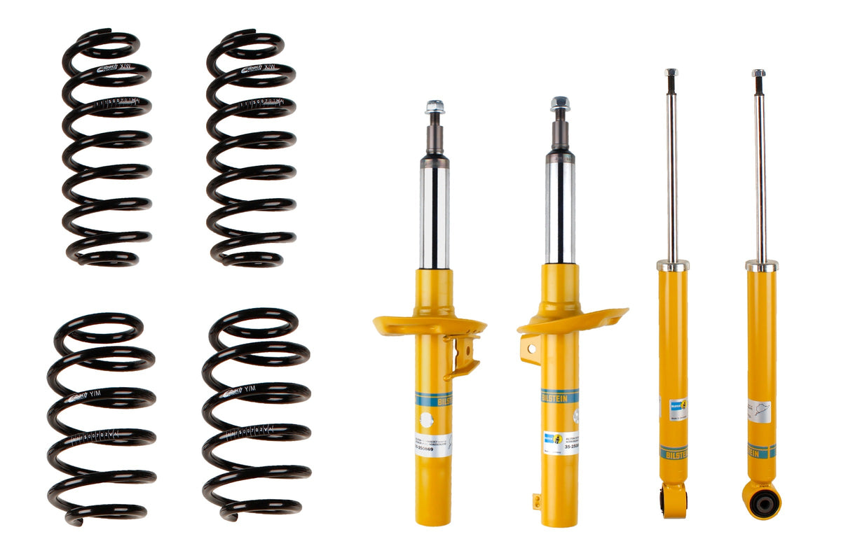 Bilstein B12 suspension kit for Audi A3 (8P1), showing shock absorbers and coil springs in the kit for improved ride performance.