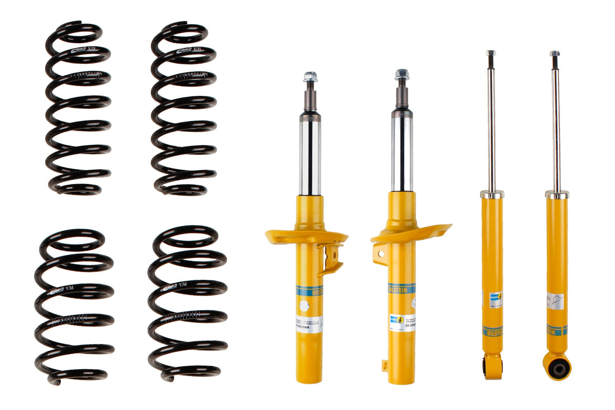 Bilstein B12 suspension kit for Audi A3 8P1, showing shock absorbers and coil springs assembled for vehicle upgrade.