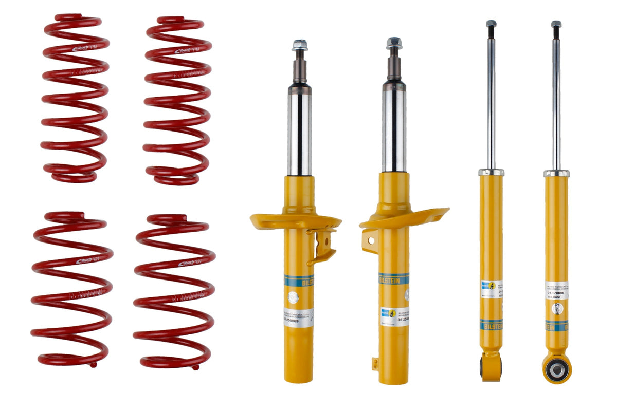 Bilstein B12 suspension kit for Audi A3 Sportback 8PA, showing shock absorbers and coil springs in the kit setup.
