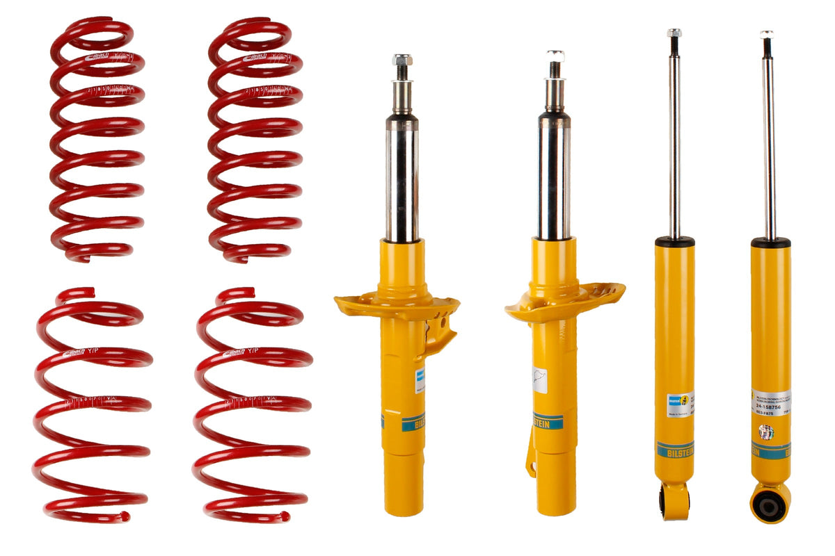 Bilstein B12 suspension kit for Volkswagen Golf VI, showing shock absorbers and coil springs in the kit.